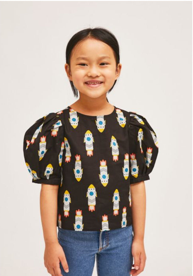 Compañia Fantastica Mini | Puff Sleeve Top with Rocket Print