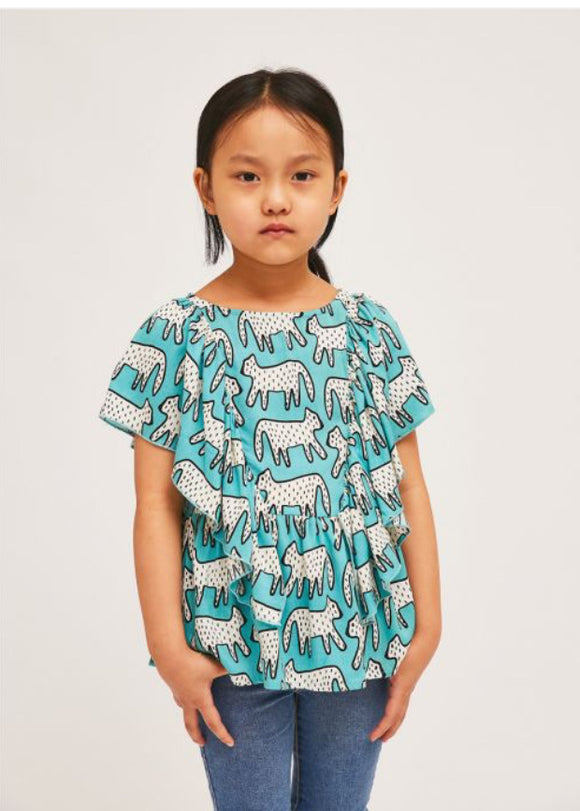 Compañia Fantastica Mini | Dalmatian Print A-line Top with Side Ruffles | Blue